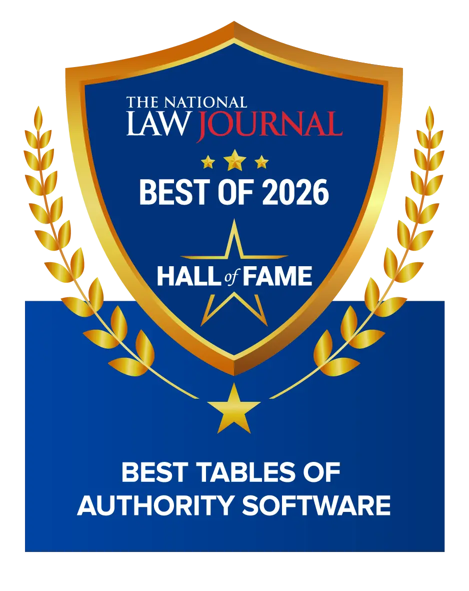 national law journal award for best tables of authority software. LexisNexis Lexis Create+ won first place and hall of fame in 2026