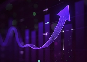 Futuristic combination bar-and-line chart showing an arrow going up.