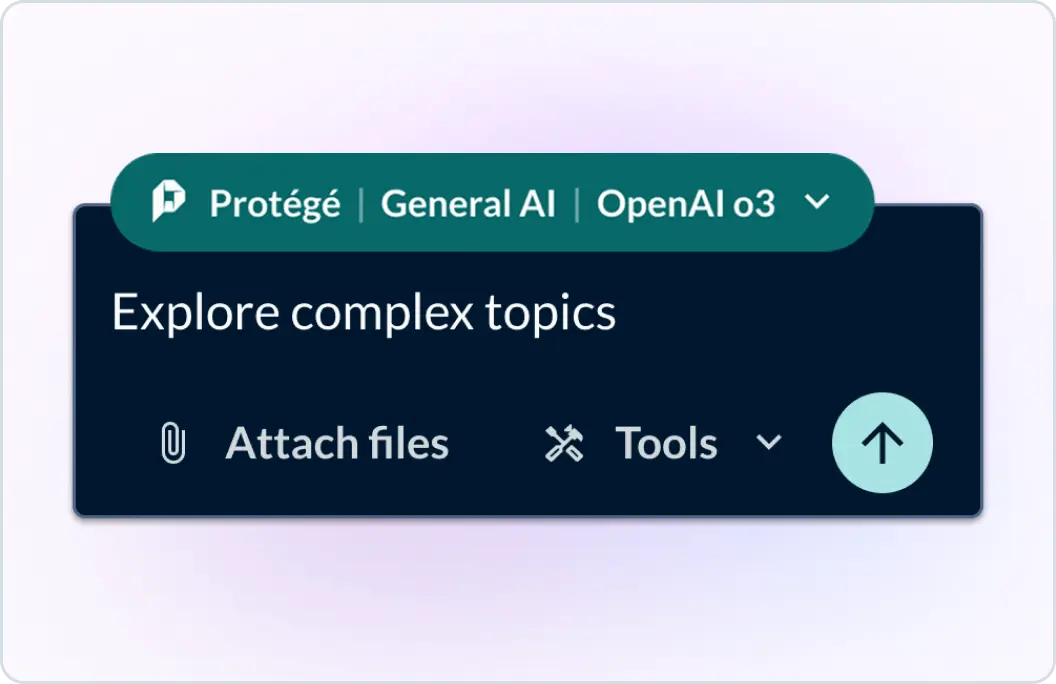 Prompt bar in the Lexis+ AI interface, in which a user has selected to prompt Protégé using General AI | OpenAI o3 model. The instructions tell the user that they can explore complex ideas using this model. The user can also attach files or use additional tools.