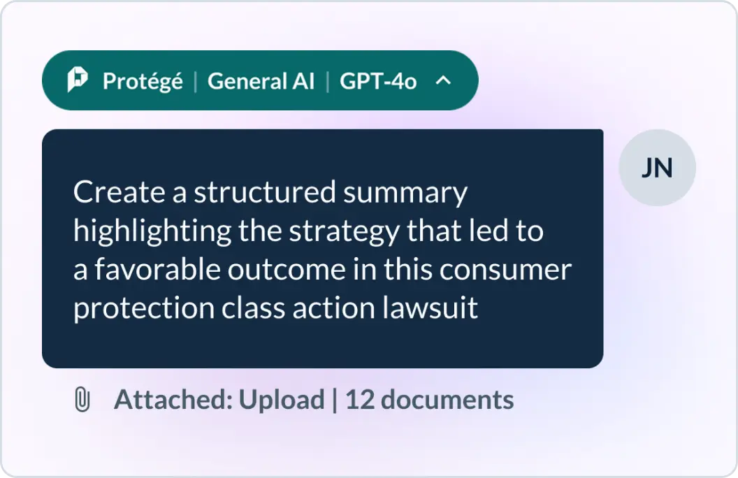 Example prompt in which a user asks Protégé to create a structured summary highlighting the strategy that led to a favorable outcome in this consumer protection class action lawsuit 