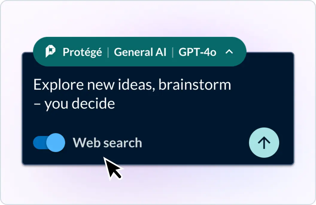 Prompt bar in the Lexis+ AI interface, in which a user has selected to prompt Protégé using General AI | GPT-4o model. The user has enabled web search capability. The instructions tell the user that they can explore new ideas, brainstorm – you decide.