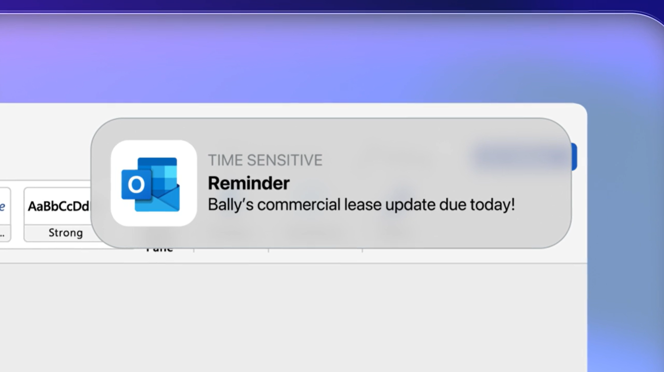Personalize your transactional work . . . Introduce Protege – Welcome back, Alex. Let’s get started. What legal task can AI accelerate for you today? Outlook calendar alert: “Bally’s commercial lease update due today!” Use past work and firm data…