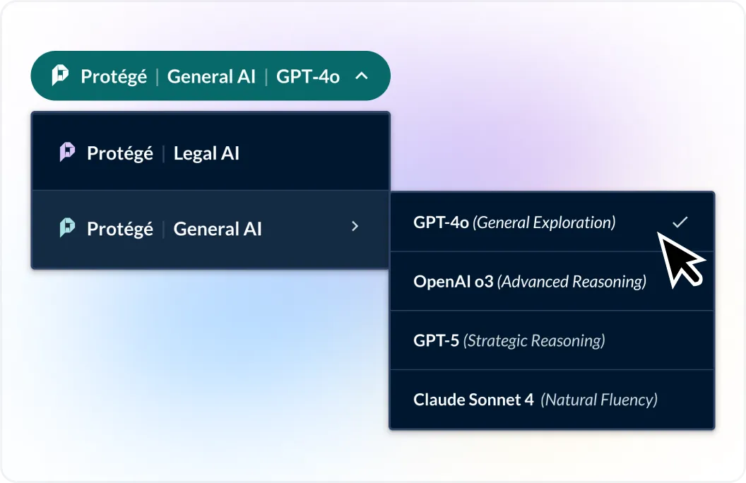 Drop down menu where a user can select between Legal AI and General AI. The user selects GPT-4o (General Exploration). The other options are Protégé | Legal AI   (Trusted Legal Answers), Protégé | Legal AI | OpenAI o3   (Advanced Reasoning) and Protégé | Legal AI | GPT-5   (Strategic Reasoning)