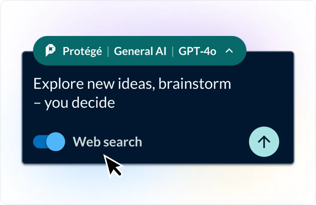 Prompt bar in the Lexis+ AI interface. A user has indicated that Protégé should search the web.
