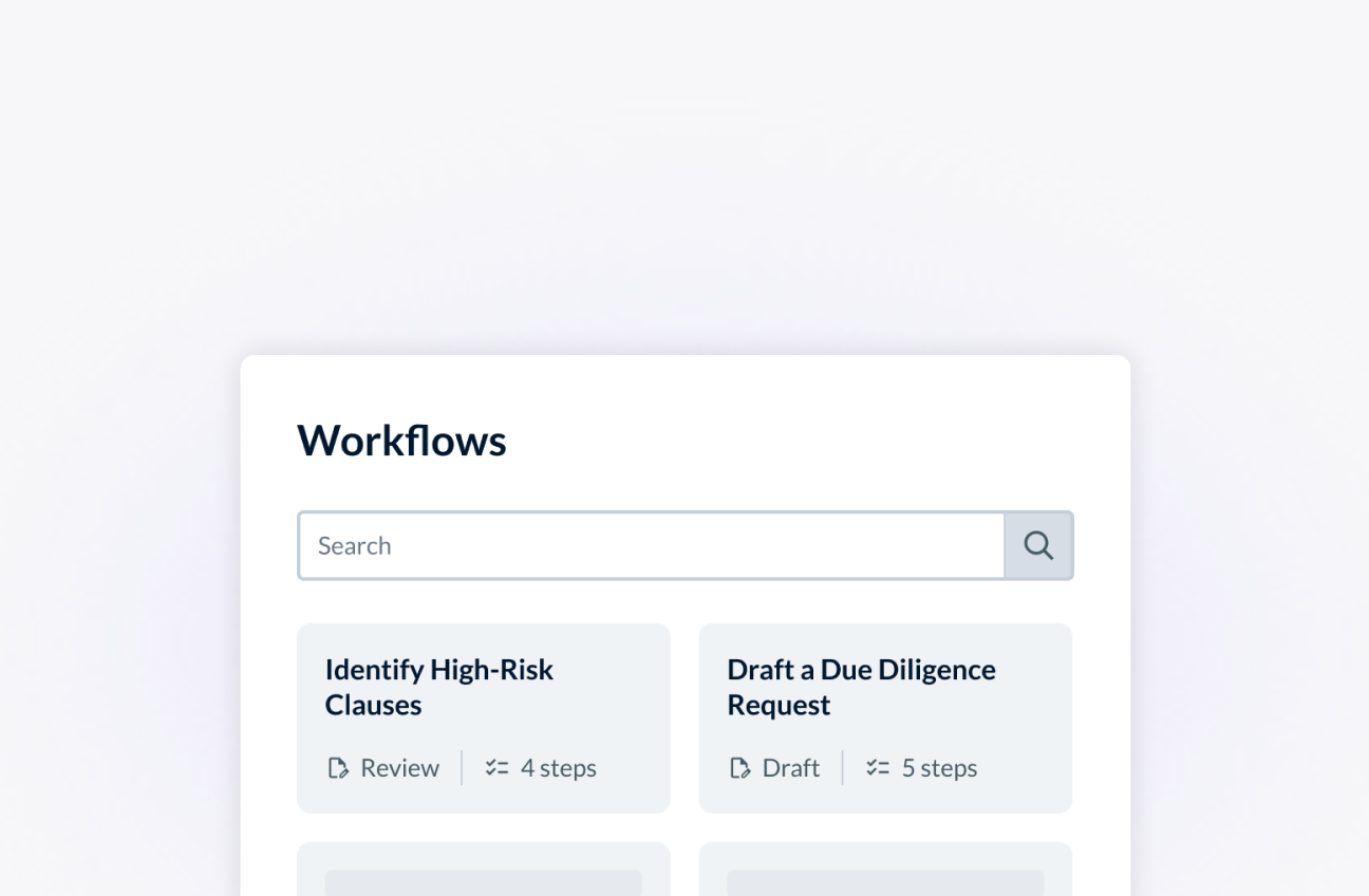 Pre-built legal workflows library with search and task cards for clause review and due diligence drafting