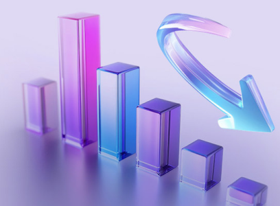 Futuristic bar chart with an arrow indicating reduction in cost 