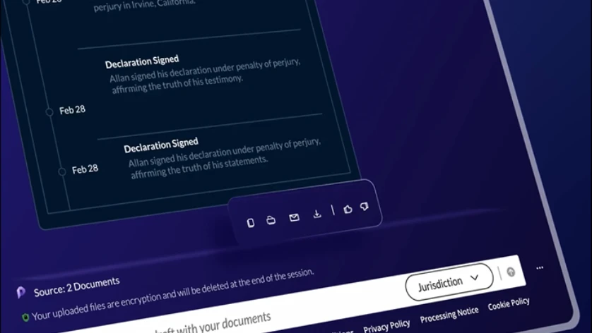 A user starts on the Protégé homepage within Lexis+ AI and clicks on the “Documents” section. They upload five legal documents: Answer Pleading Counterclaim.pdf, Anthony Allen Witness Statement.pdf, Anthony Leng Expert Report.pdf, Chen statement.pdf, and Expert Obviousness Report.pdf. After uploading, the user clicks the “Generate a timeline” button. A graphical timeline is automatically generated, displaying key events from the documents in chronological order. The user slowly scrolls through the timeline, emphasizing the sequence of events. At the end of the timeline, options to print, email, download, or copy the timeline are shown and highlighted. The user then focuses on a prompt box, indicating that follow-up questions about the timeline can be asked directly. The video concludes with a message that timeline creation with Protégé takes minutes instead of hours or days. 