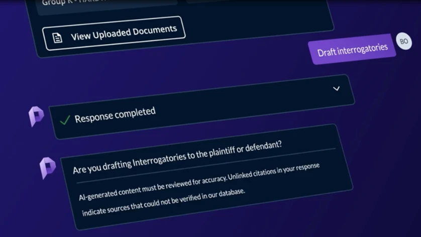 A user begins on the Protégé homepage and clicks on “Documents.” They upload two files: GROUPK1.DOC* and *GROUPK2.DOC. Protégé enables the user to draft discovery documents, such as requests for admissions, requests for production, and interrogatories. The user selects “Draft interrogatories.” Protégé reviews the uploaded files and prompts the user for necessary follow-up information. A question appears on screen: “Are you drafting Interrogatories to the plaintiff or defendant?” The user types “defendant” in the prompt box and submits the response. Protégé quickly generates a draft set of interrogatories. The user then selects “Open in Drafting Mode” to modify the interrogatories directly within the platform. The screen fades out to a closing visual.