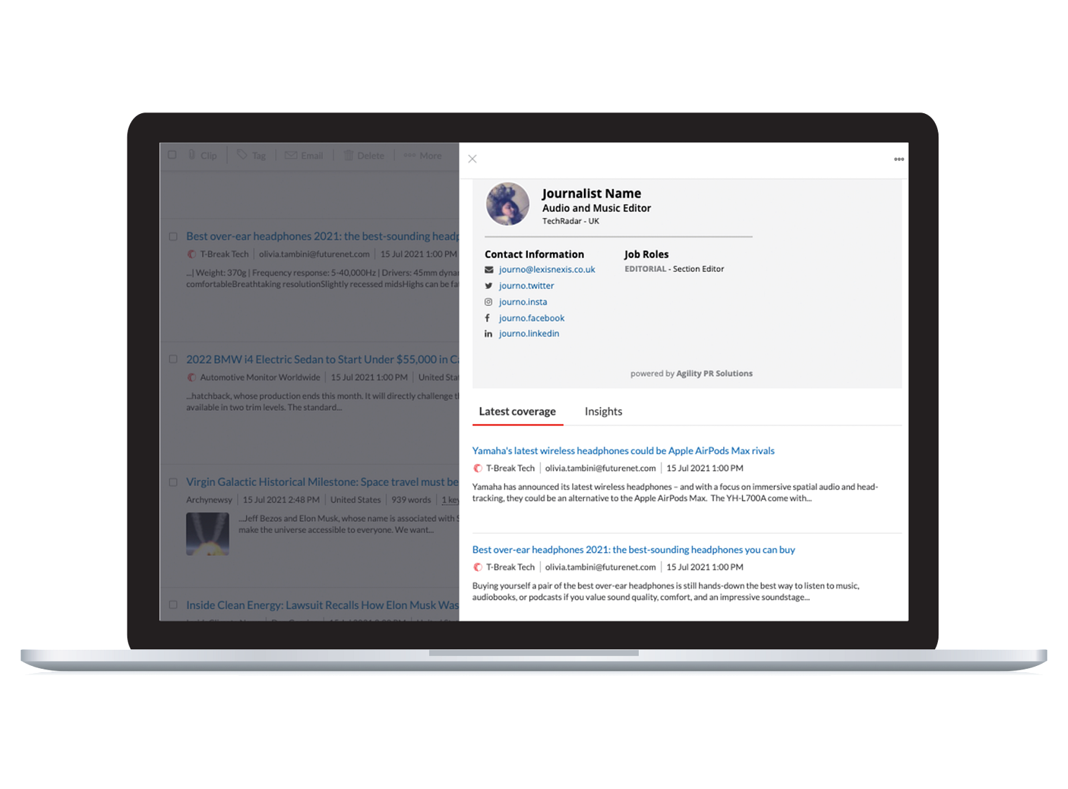 A computer screenshot image of the journalist contact card feature within the news monitoring product