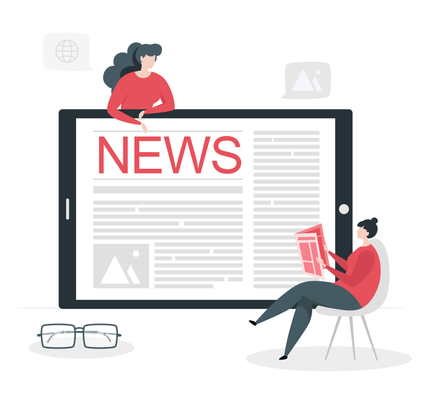 Two women reading critical and breaking news from a tablet and a newspaper Two women reading critical and breaking news from a tablet and a newspaper