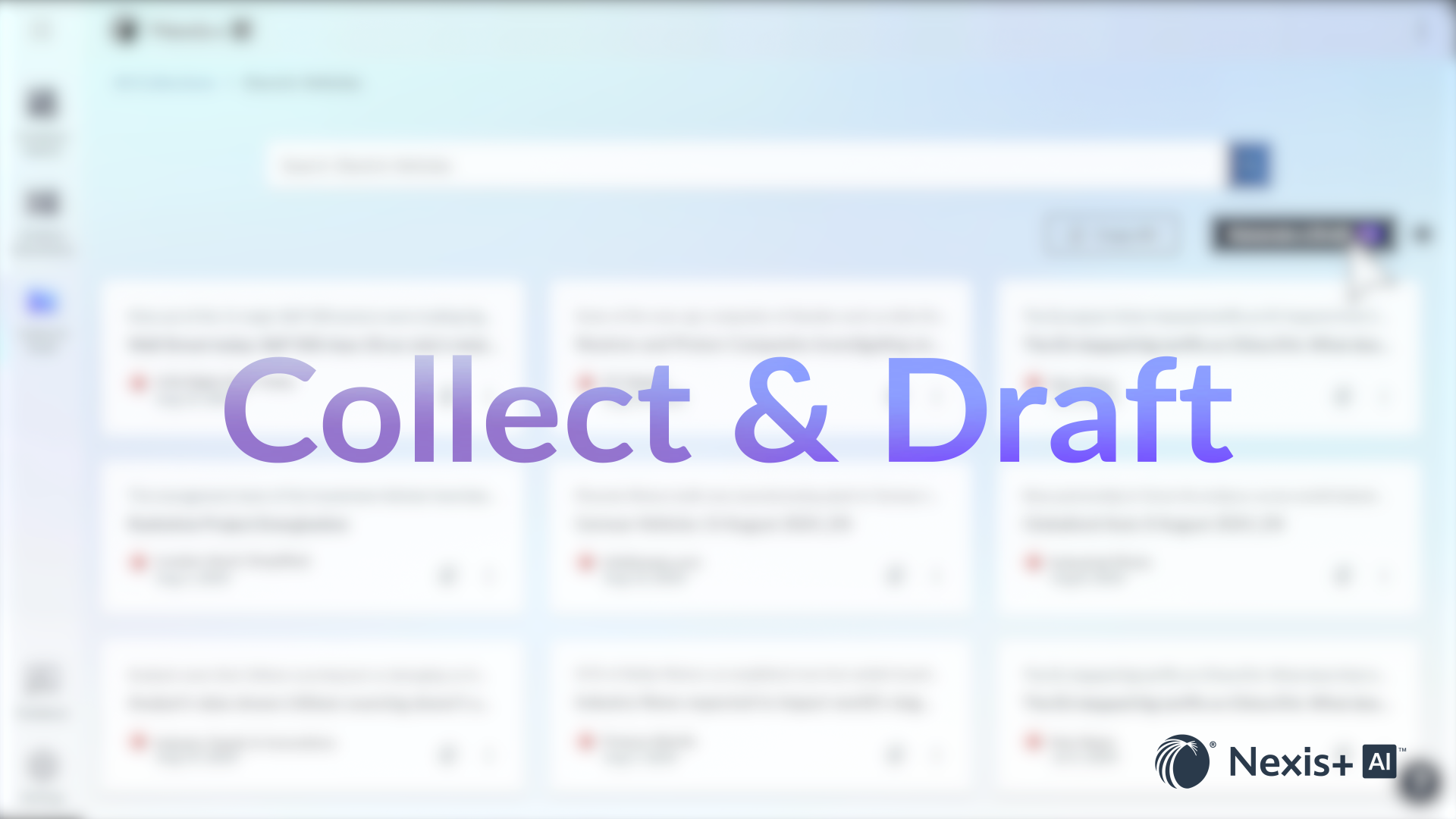 A video demonstrating the collect and draft feature of Nexis+ AI, where a user gathers snippets of information from various sources and adds them to a collection. The video highlights the seamless transformation of these data collections into a first draft report within seconds. The user then demonstrates how to download the first draft, make edits, or create a new draft based on specific topics or citations.