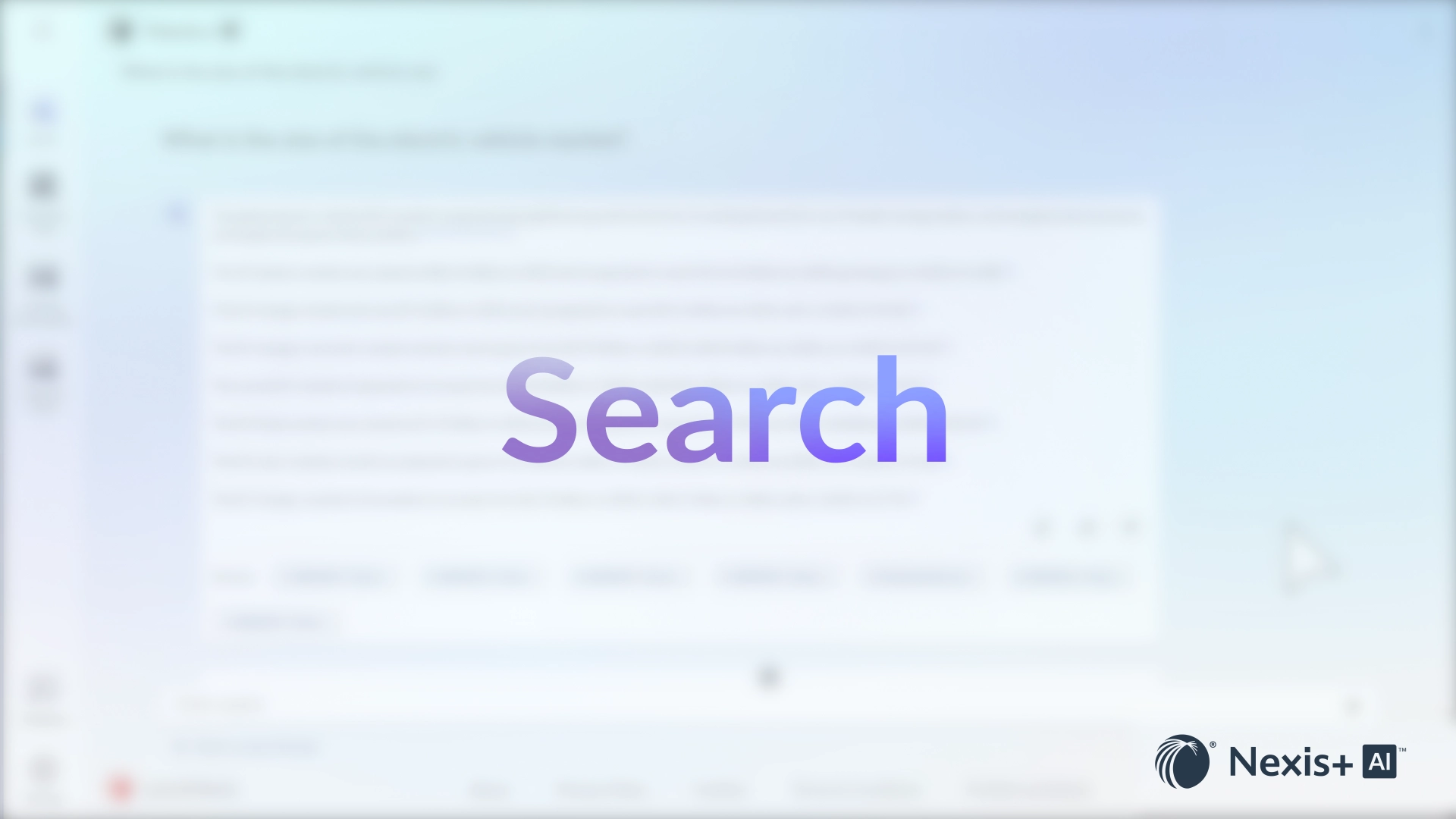 A video demonstrating the news search feature of Nexis+ AI, showcasing a user navigating the interface, entering search queries, and viewing search results. The video highlights the ease of use, speed, and accuracy of the search function, with close-up shots of the screen displaying various news articles and sources.
