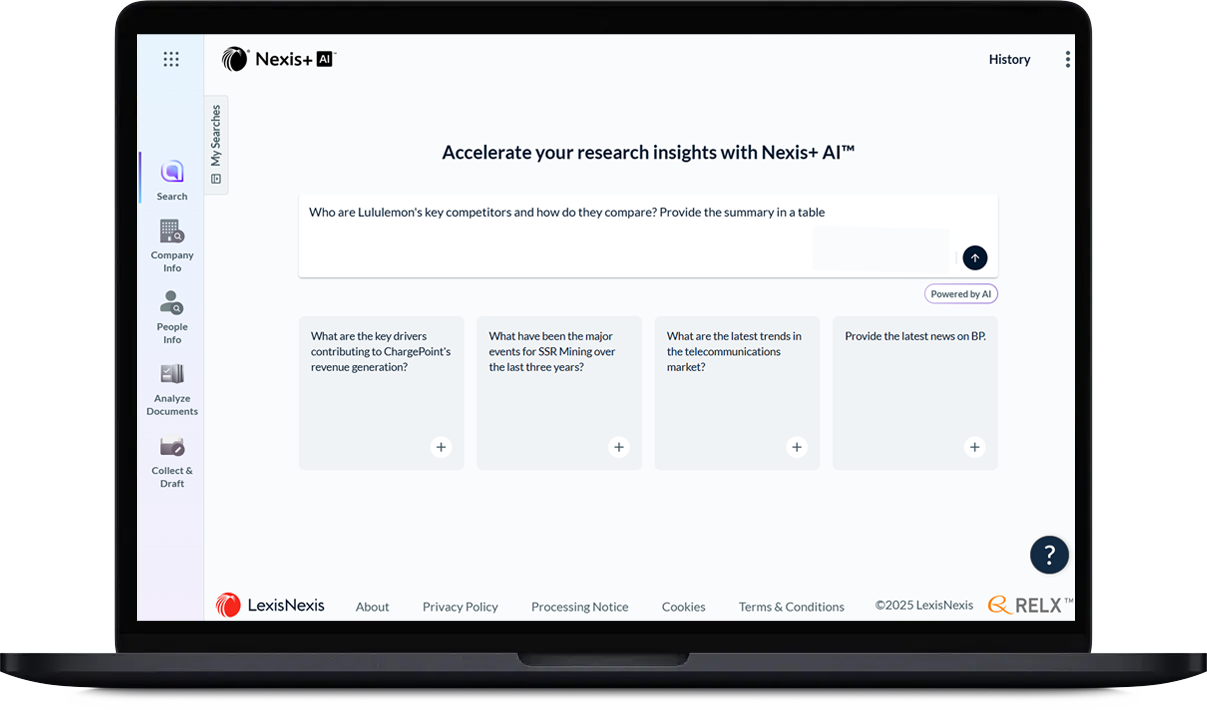 Preview of Nexis+ AI product features and layout